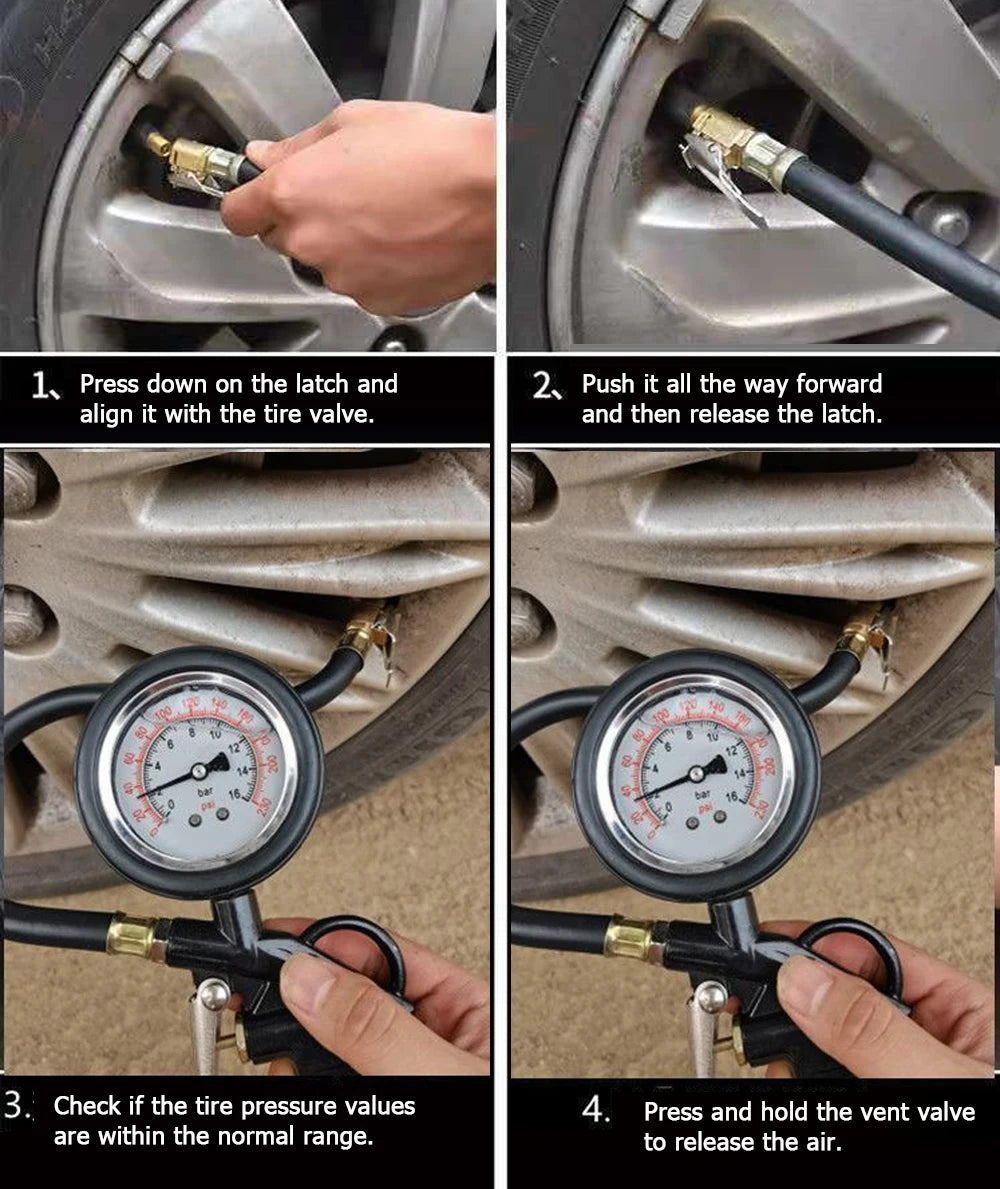 220 PSI Tire Pressure Gauge – Car, Truck & Motorcycle Tire Inflator with Flexible Hose