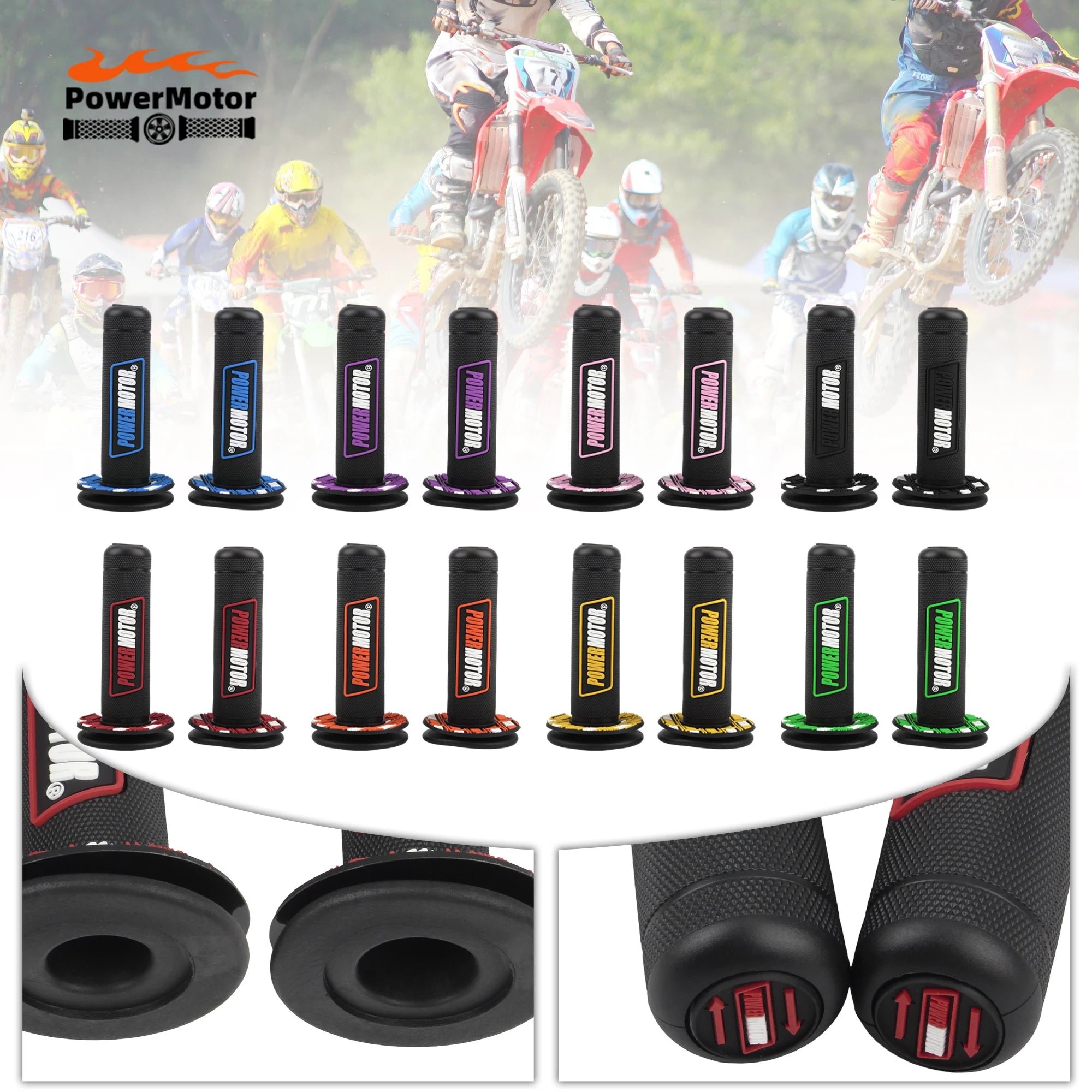 PowerMotor HB308 Universal Motorcycle Handlebar Grips 7/8" Left 22mm Right 25mm Non-Slip PVC Gel Rubber Ergonomic Fatigue-Reducing Grips for Motocross Dirt Bike Enduro Honda Yamaha Suzuki Kawasaki KTM Ducati – 8 Colors (1 Pair)