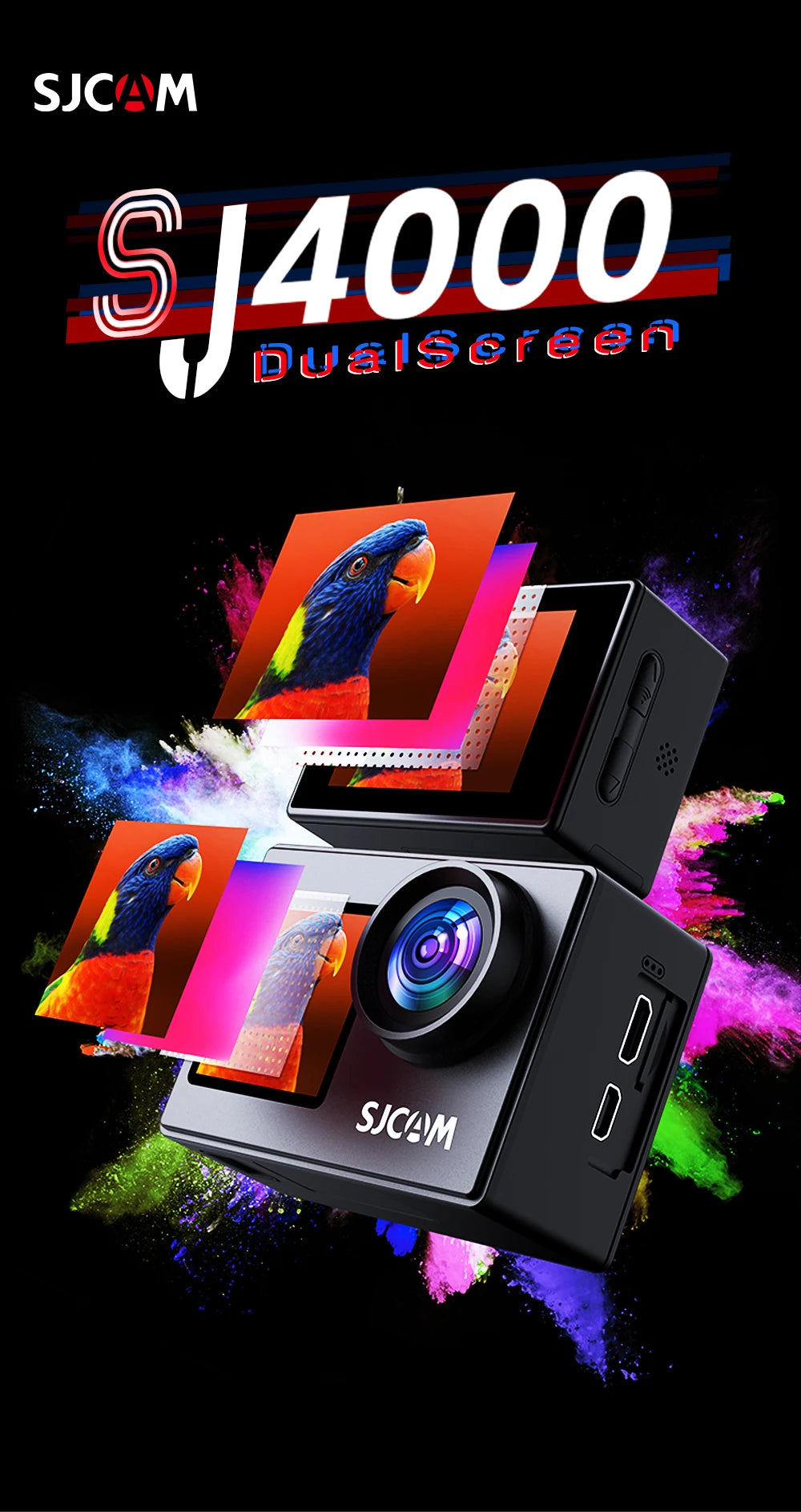SJCAM SJ4000 Dual Screen 4K 30fps Action Camera 2.0" Rear + 1.3" Front Screen 170° Wide-Angle 30M Waterproof 2.4G WiFi Anti-Shake Car Mode Loop Recording Sports Camera for Motorcycle Bicycle Helmet Diving