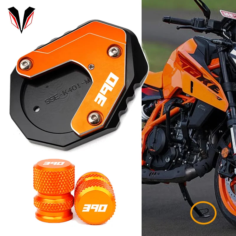 For KTM Duke390 RC390 390 Adventure Duke RC 390 Motorcycle CNC Kickstand Side Stand Enlarge Pad Extension Plate Tire Valve Caps – Aluminum Grey Black Orange Combo 1pcs 2pcs 3pcs