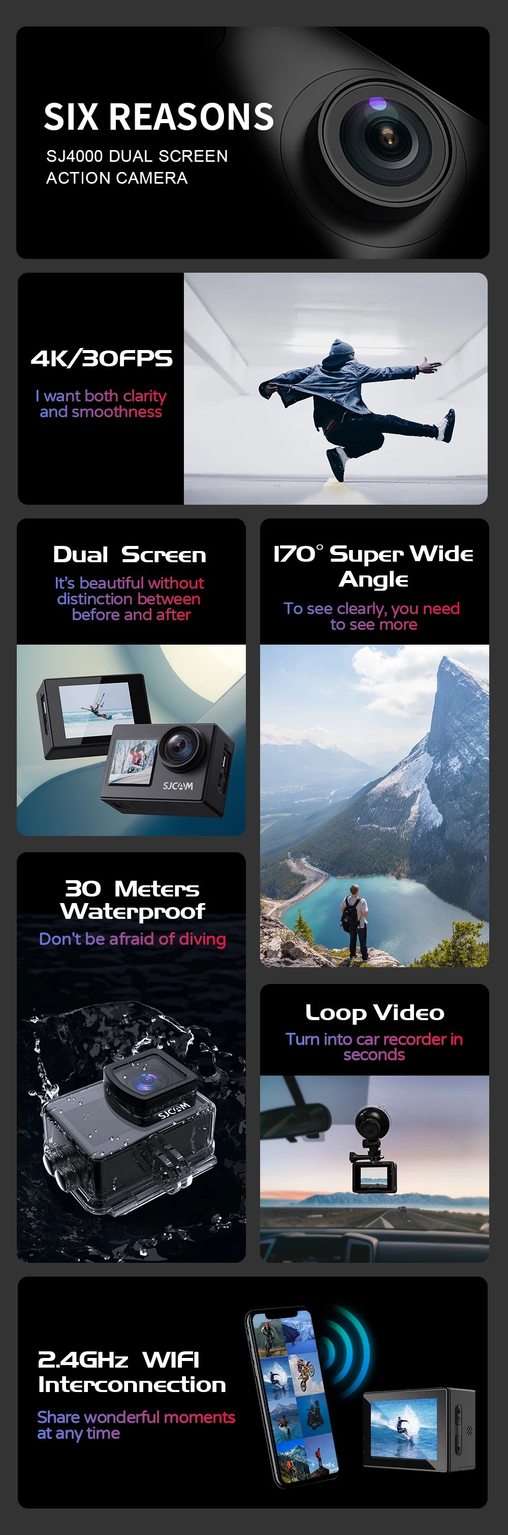 SJCAM SJ4000 Dual Screen 4K 30fps Action Camera 2.0" Rear + 1.3" Front Screen 170° Wide-Angle 30M Waterproof 2.4G WiFi Anti-Shake Car Mode Loop Recording Sports Camera for Motorcycle Bicycle Helmet Diving