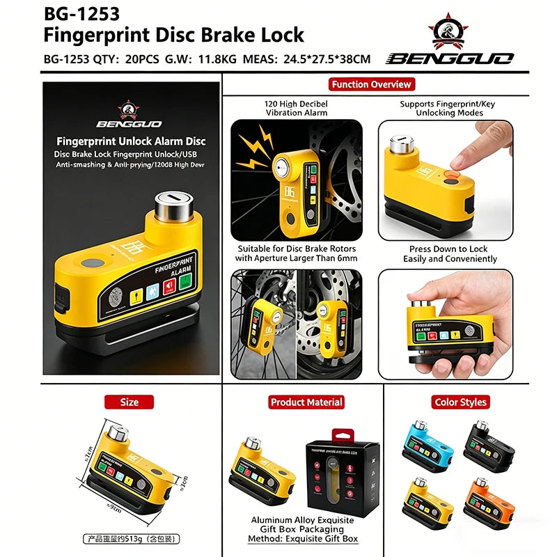 Motorcycle Alarm Disc Brake Lock One-Touch Fingerprint Unlock Anti-Theft Security Moto Wheel Disk Padlock Motorcycle Disc Lock – Vibration Alarm Aluminum Alloy Waterproof
