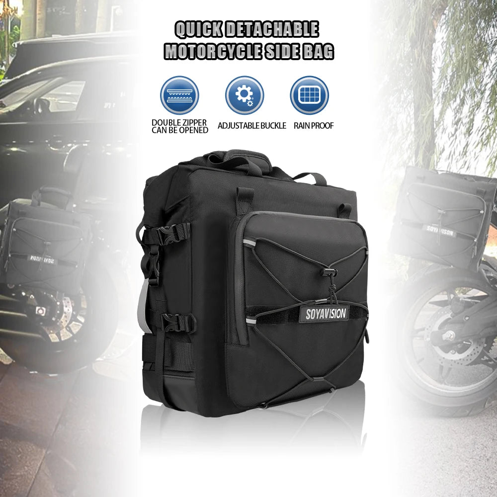SOYAVISION Motorcycle Saddlebag Waterproof Side Bag 20L 500D Polyester Travel Motorbike Luggage Rear Seat Bag for BMW R1200GS ADV Kawasaki Yamaha Honda Suzuki – Black (1PC / 2PC)