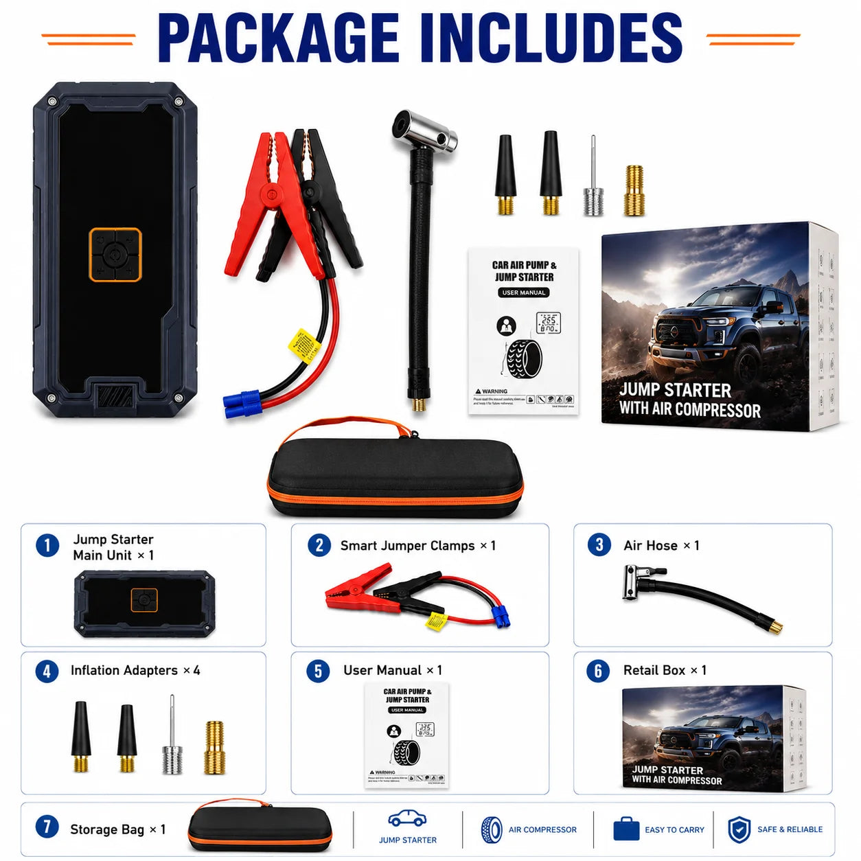Rscrola Motorcycle Jump Starter 3000A with 150PSI Air Compressor Tyre Inflator Portable Power Bank LED Light 12V for Motorcycle SUV Truck