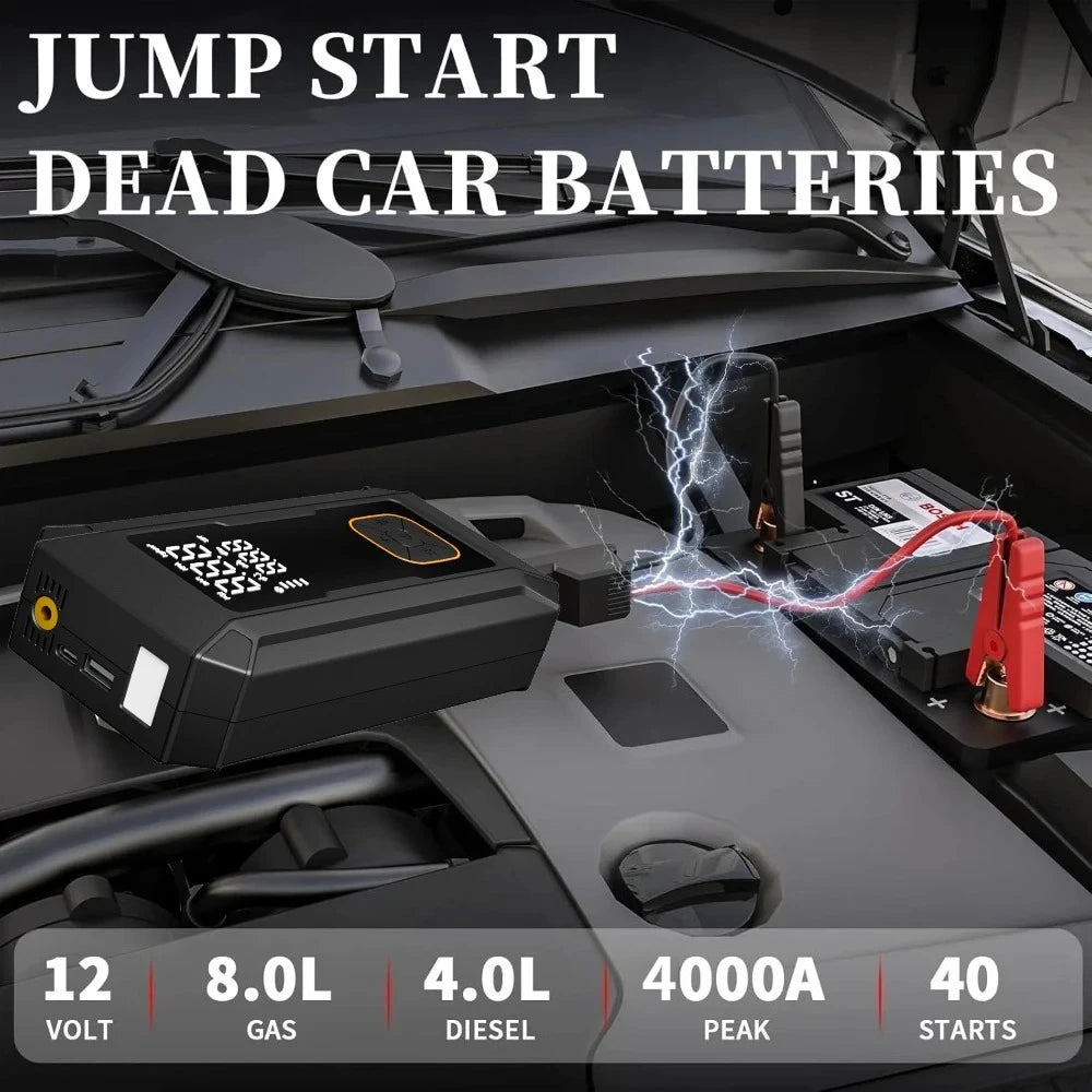 Motorcycle Jump Starter Q28 4000A with 150PSI Air Compressor Portable Power Bank Tyre Inflator 400 Lumen LED Light 12V
