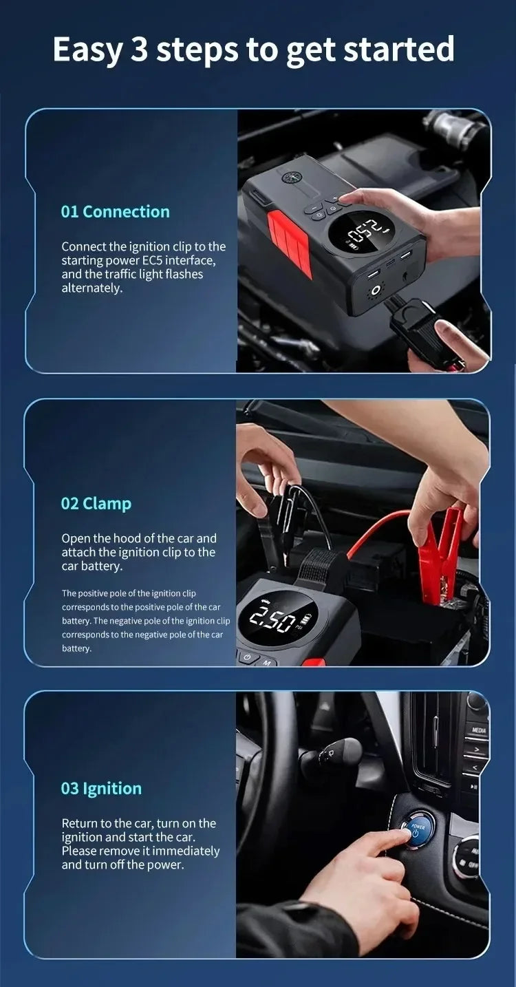 12V Jump Starter & Air Pump – 1800A Multi-Function Tire Inflator, LED SOS Light & Power Bank for Car, Motorcycle & Bicycle