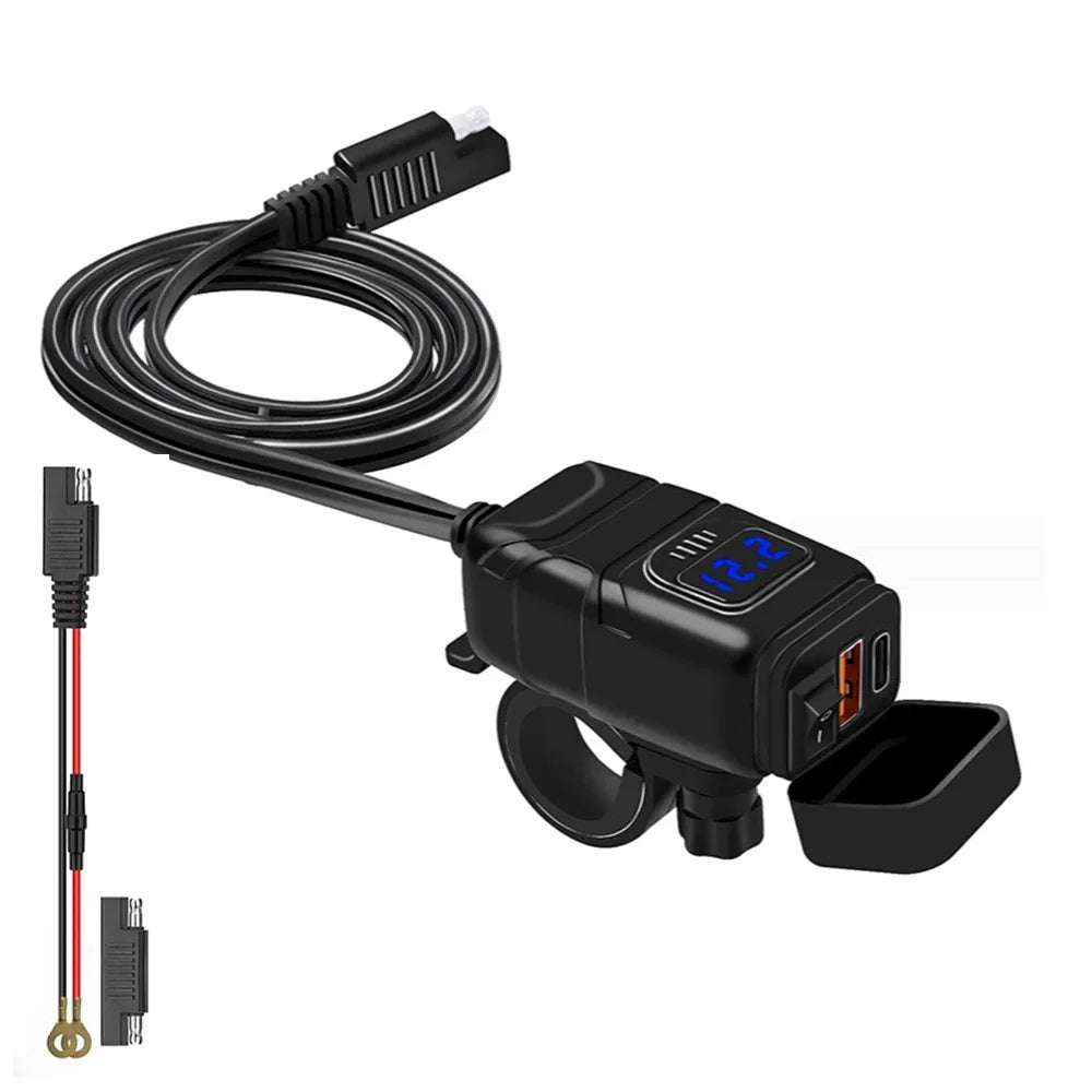 Extractme Waterproof Motorcycle USB Charger – QC3.0 + Type-C 6.4A Power Socket with Voltmeter & Cord