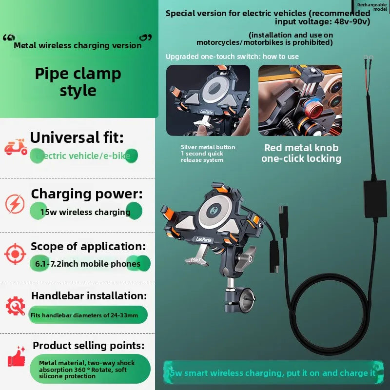 Metal Shockproof Motorcycle Phone Holder 4 Vibration Dampener 15W Wireless Charger Fast Charging Motorbike Bicycle Bike Stand