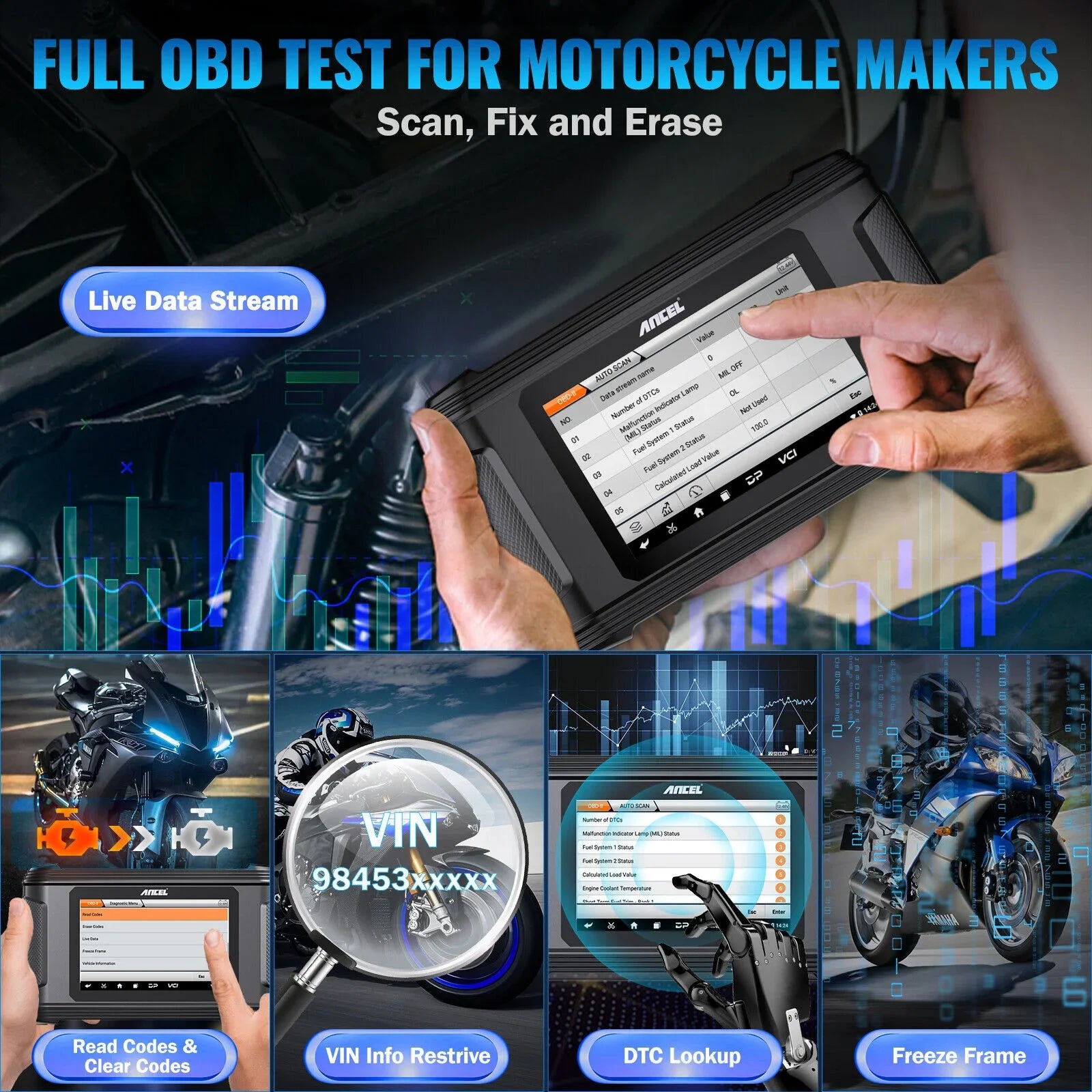 ANCEL MT500 Motorcycle Diagnostic Tablet – US Version – Full System + 30+ Resets + ECU Coding – Harley / Indian / Polaris / BRP + Asian – $1,196