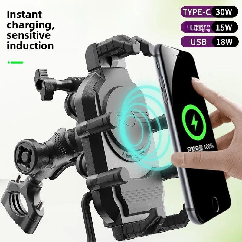 New Motorcycle Phone Holder, 15W Fast Wireless Charging, Shockproof Navigation Bracket with Anti-Theft Lock, Universal