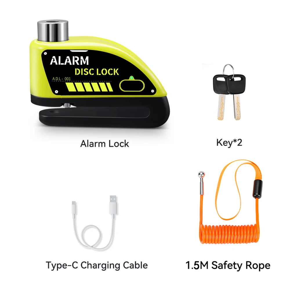 Extractme Motorcycle Alarm Disc Brake Lock 120dB Bicycle Wheel Disk Padlock Security Anti-Theft Lock Scooter – USB-C Rechargeable – 7mm – With or Without Rope – Red Black Blue Green Yellow