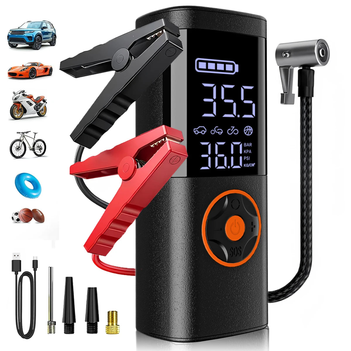 SERVOMASTER 7-in-1 Portable Jump Starter with Air Compressors – Multi-Pressure Inflator, LED Flashlight & Power Bank for Car, Motorcycle & Bicycle