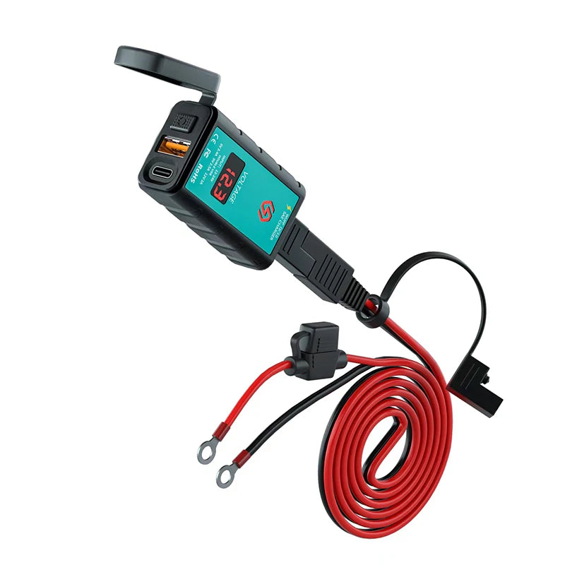 12V Waterproof Motorcycle USB & Type-C Fast Charger – SAE Adapter with Power Switch & Voltmeter