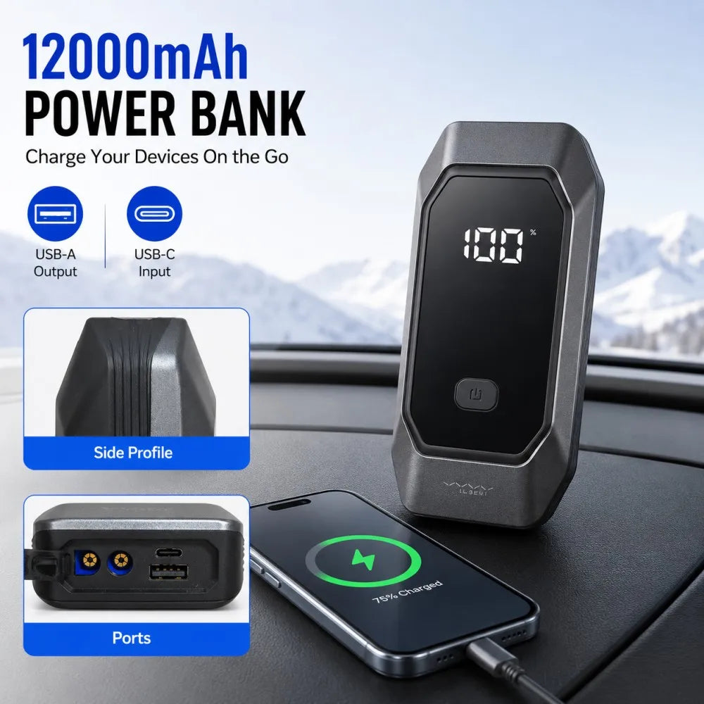 Vyvylabs 12000mAh Car Jump Starter – 1000A Peak 12V Portable Battery Booster Pack with Power Bank, LED Flashlight & Digital Display