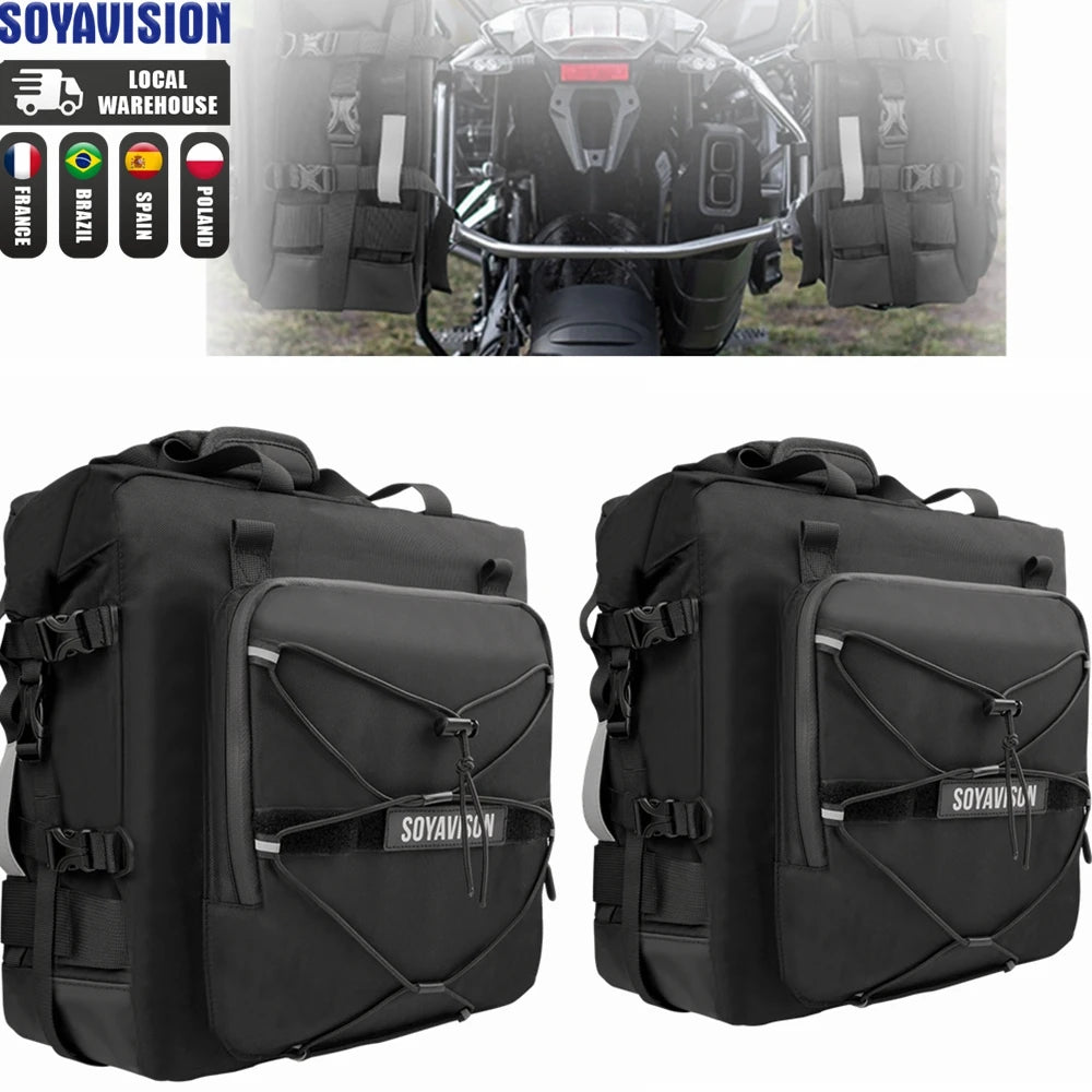 SOYAVISION Motorcycle Saddlebag Waterproof Side Bag 20L 500D Polyester Travel Motorbike Luggage Rear Seat Bag for BMW R1200GS ADV Kawasaki Yamaha Honda Suzuki – Black (1PC / 2PC)
