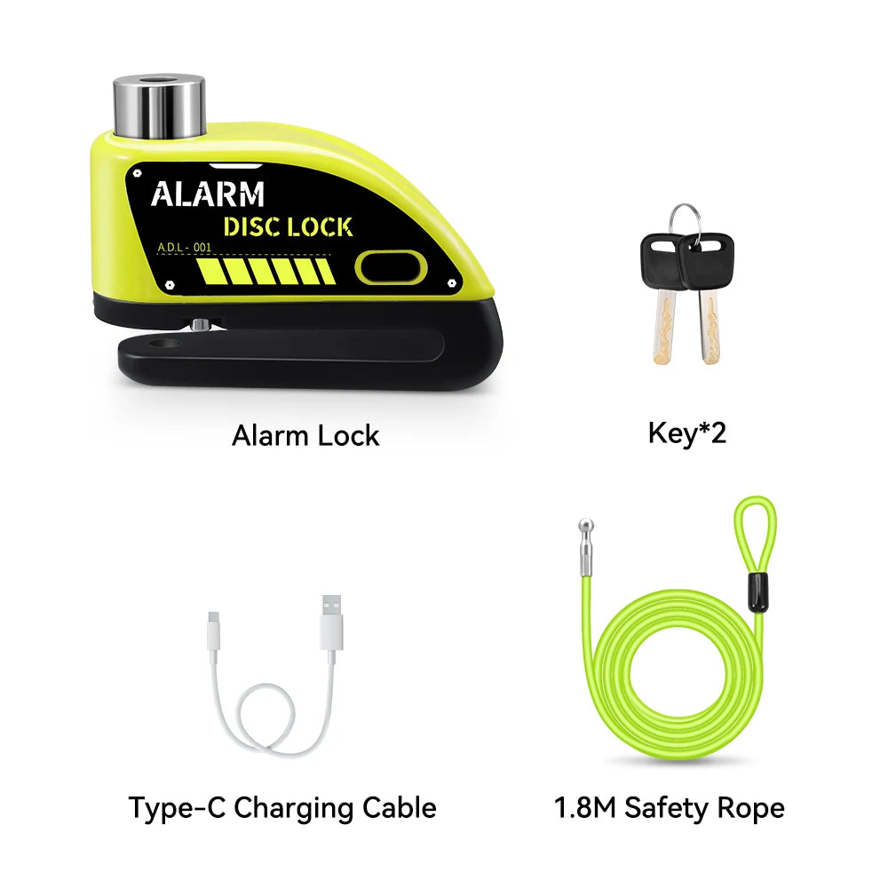 Extractme Motorcycle Alarm Disc Brake Lock 120dB Bicycle Wheel Disk Padlock Security Anti-Theft Lock Scooter – USB-C Rechargeable – 7mm – With or Without Rope – Red Black Blue Green Yellow