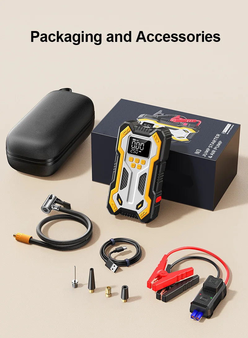 Motorcycle Jump Starter with Air Compressors LCD Screen 30000mAh Portable Booster Charger 7000A Powerful Motorcycle Battery Starting Device