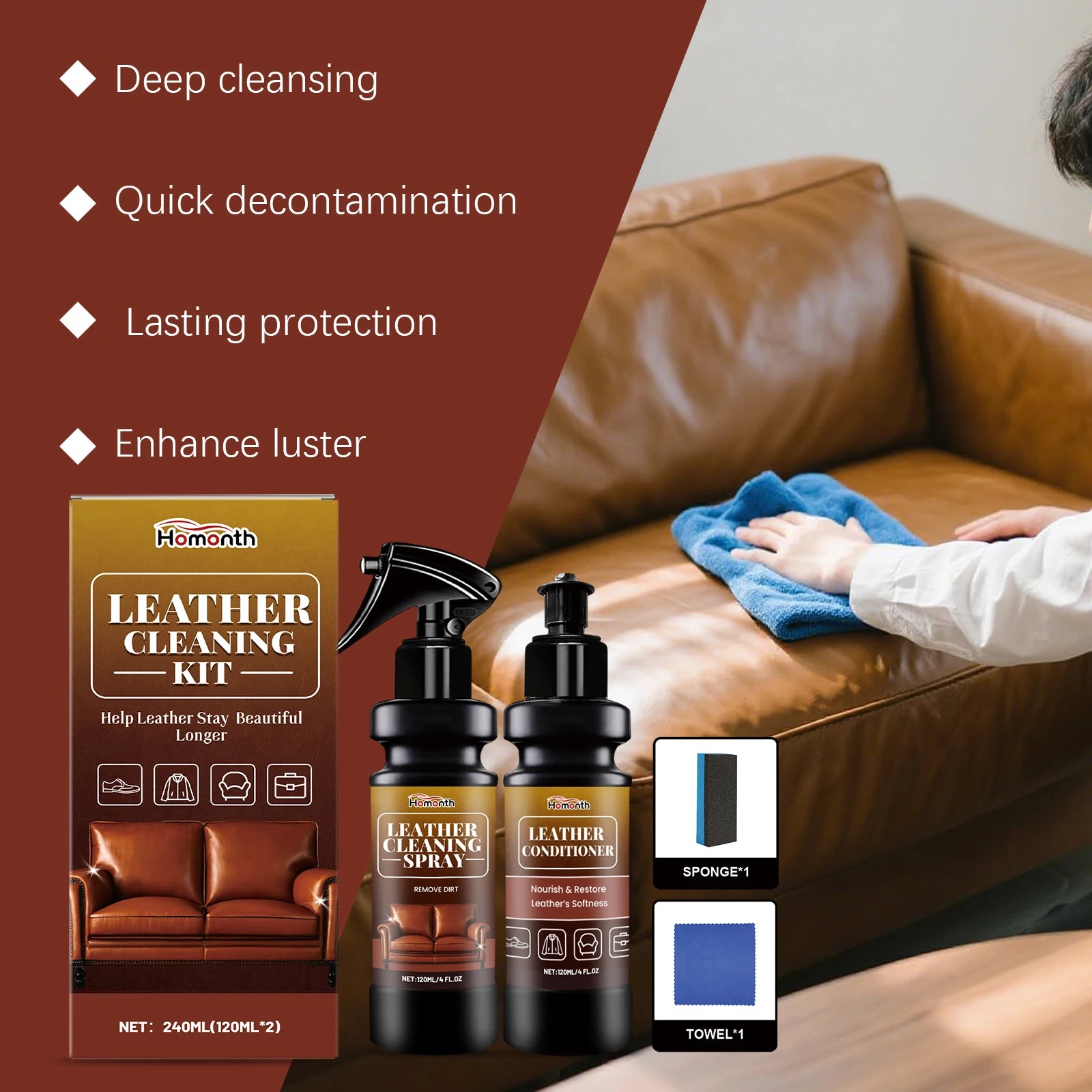 Homonth 2-in-1 Leather Cleaner & Conditioner Kit – Deep Spray + Nourishing Lotion – Car Seats Sofa Bags – Prevents Cracking – Sponge + Towel Included – $12–65