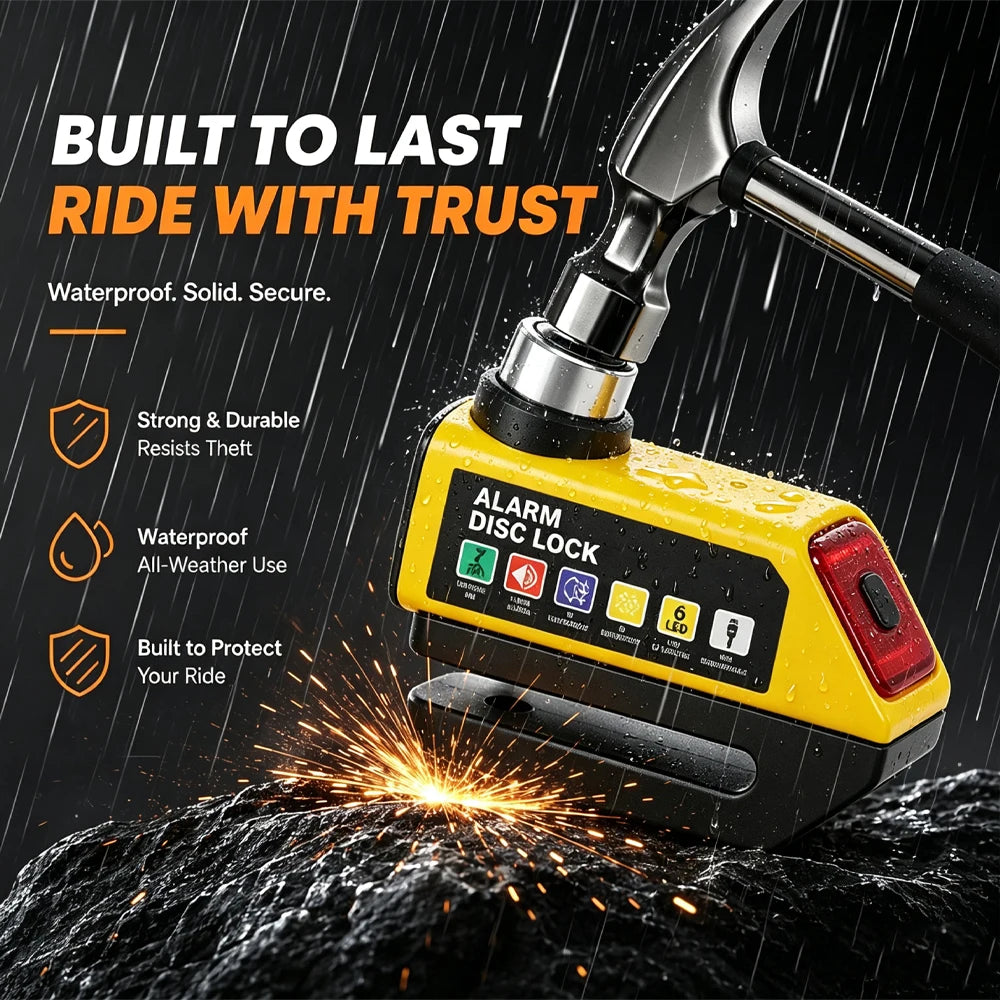 MDUG Motorcycle Alarm Disc Brake Lock 120dB Loud Anti-Theft Security Moto Wheel Disk Padlock Waterproof USB Rechargeable LED Light Bracket – IPX6 – Solo or Set – Blue Red Orange Yellow Black