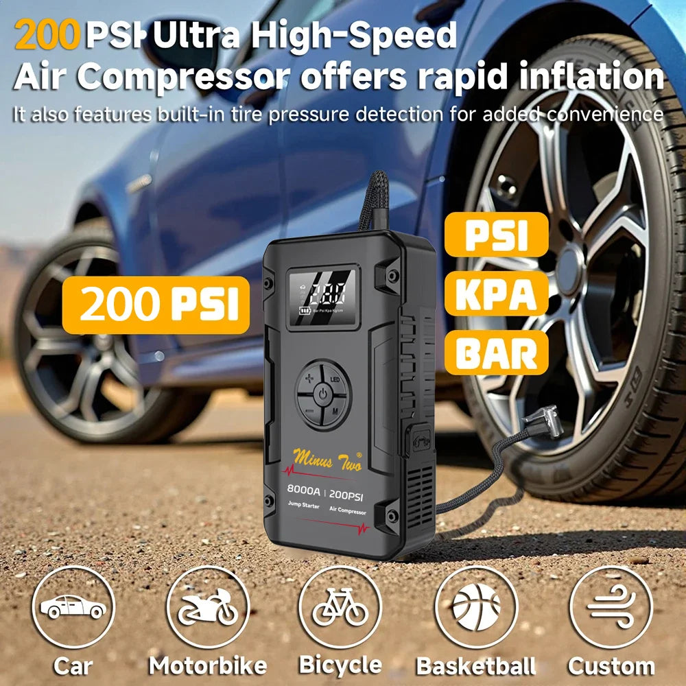 Motorcycle Jump Starter 8000A with 200PSI Air Compressor 4-in-1 Portable Power Bank Tyre Inflator Motorcycle Battery Booster Starting Device