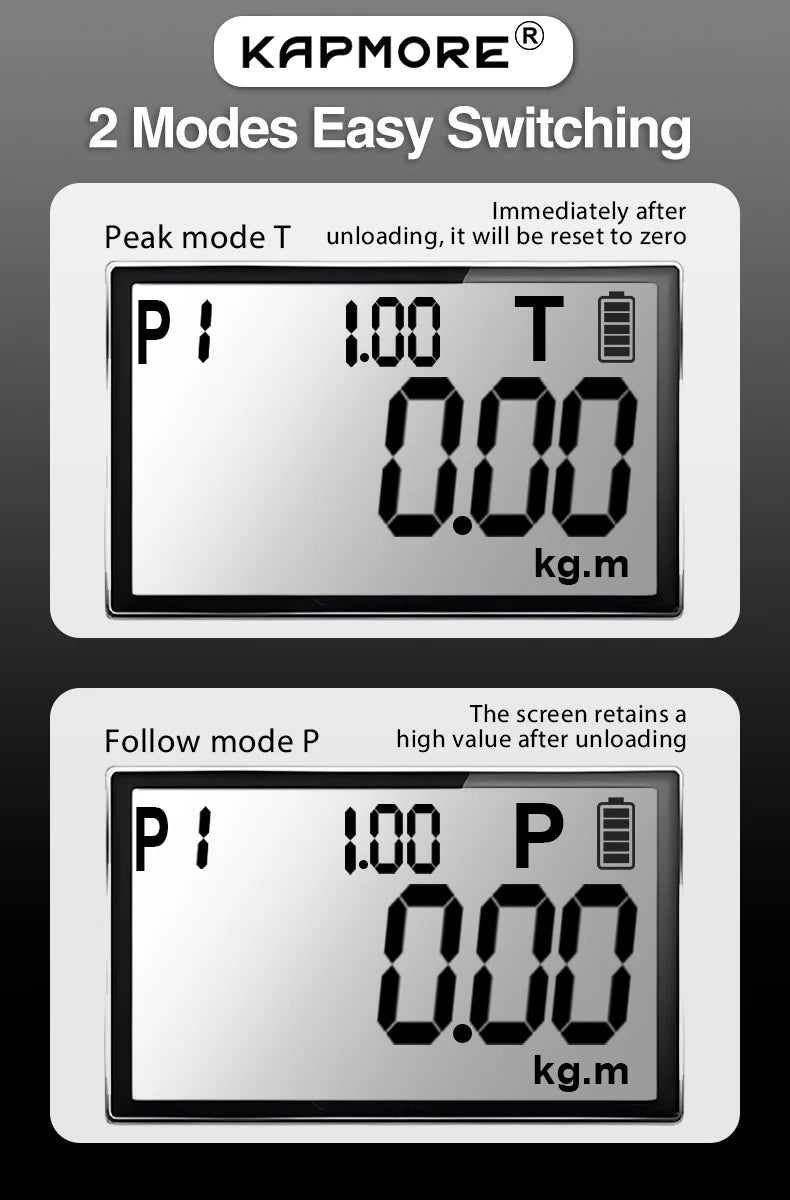 KAPMORE KAP-01 Digital Torque Wrench – ±2% Accuracy – LED + Buzzer Alert – 4 Units (Nm/ft-lb/in-lb/kgf-cm) – 0.15–100 Nm – from $113