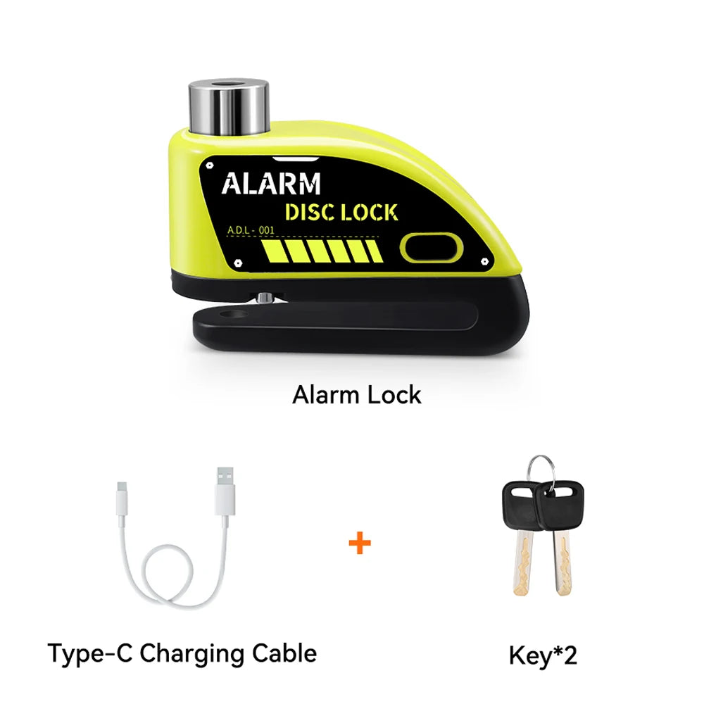 Extractme Motorcycle Alarm Disc Brake Lock 120dB Bicycle Wheel Disk Padlock Security Anti-Theft Lock Scooter – USB-C Rechargeable – 7mm – With or Without Rope – Red Black Blue Green Yellow