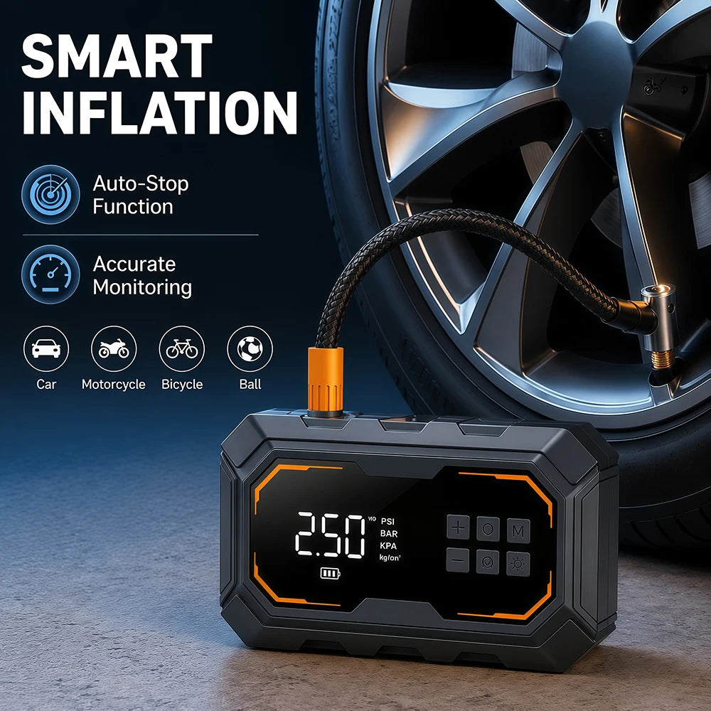 Motorcycle Jump Starter with Air Compressor 150PSI Tyre Inflator 4-in-1 Emergency Battery Booster Power Bank LED Flashlight 12V