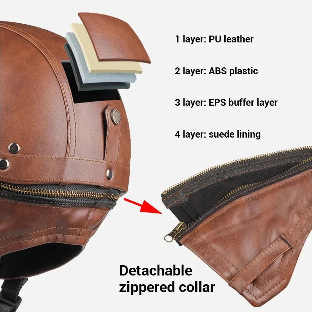 Half Helmets – Retro PU Leather Motorcycle Helmet, HD Visor, All-Season Scooter Helmet for Men & Women