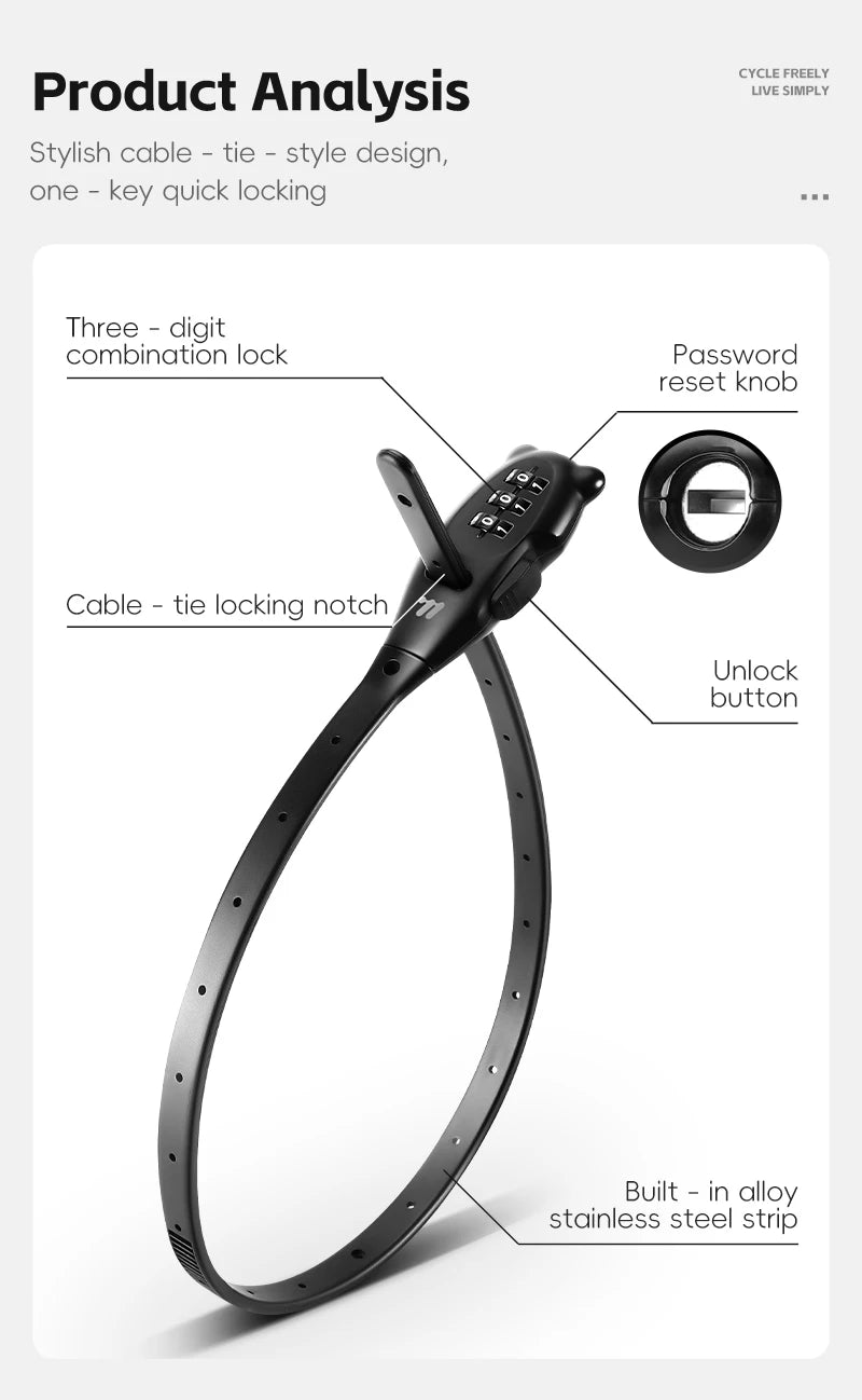WEST BIKING Bicycle Lock Portable Cable Zinc Alloy Lock Motorcycle Helmet Password Lock Safety Anti-Theft Adjustable Rope Lock