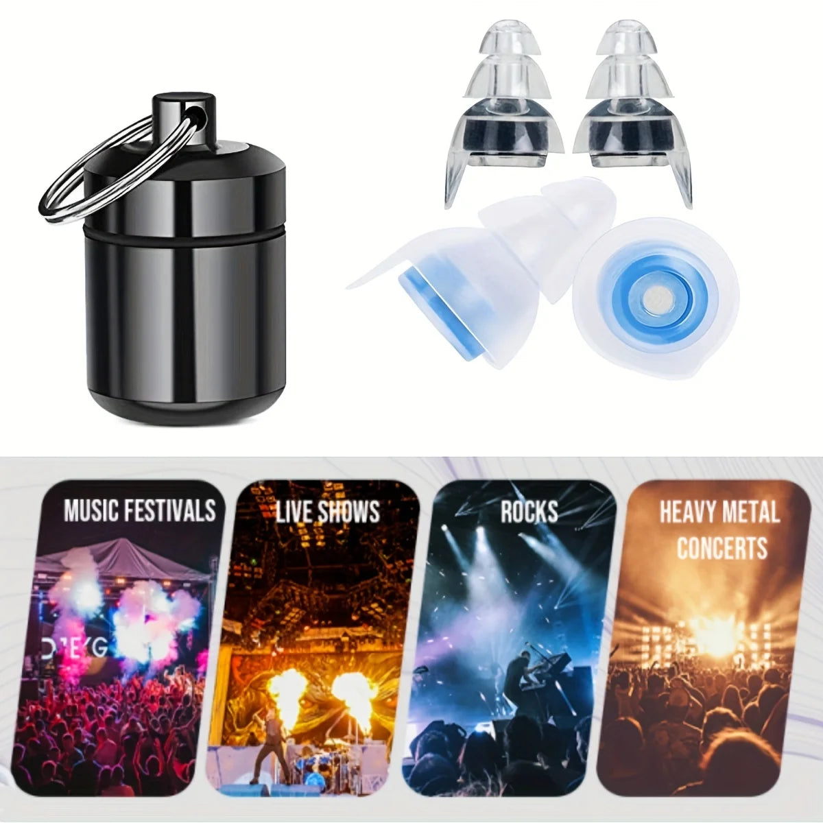 Reusable High-Fidelity Concert Ear Plugs with Waterproof Case for Music Festivals Motorcycling Noise Protection – Silicone – Two-Flange Tip – 28g – Blue / Black