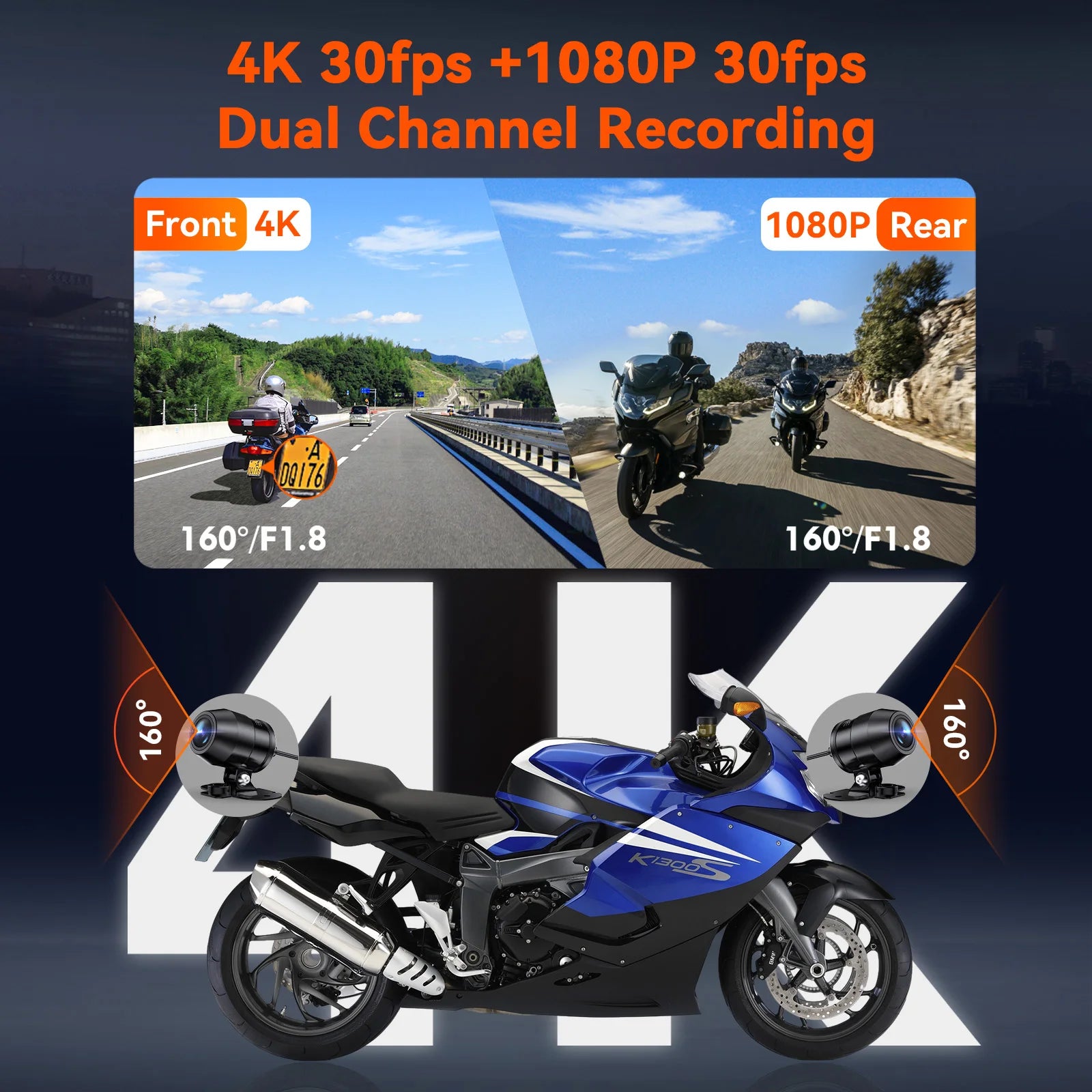 Vantrue F1 Motorcycle Dash Cam 4K Front 1080P Rear IP67 Waterproof WiFi GPS 160° 24H Parking Mode Wired Remote Motorcycle Camera DVR STARVIS OTA 18-Month Warranty
