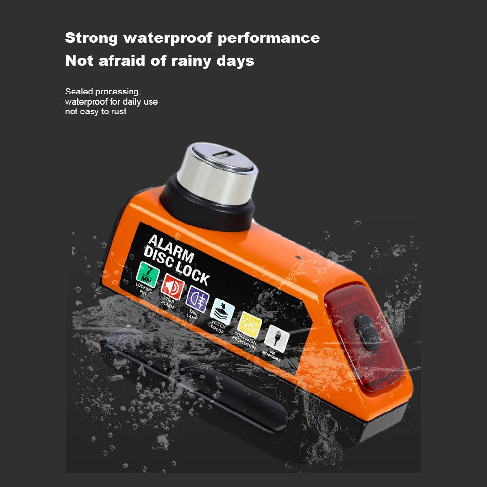 MDUG Motorcycle Alarm Disc Brake Lock 120dB Loud Anti-Theft Security Moto Wheel Disk Padlock Waterproof USB Rechargeable LED Light Bracket – IPX6 – Solo or Set – Blue Red Orange Yellow Black