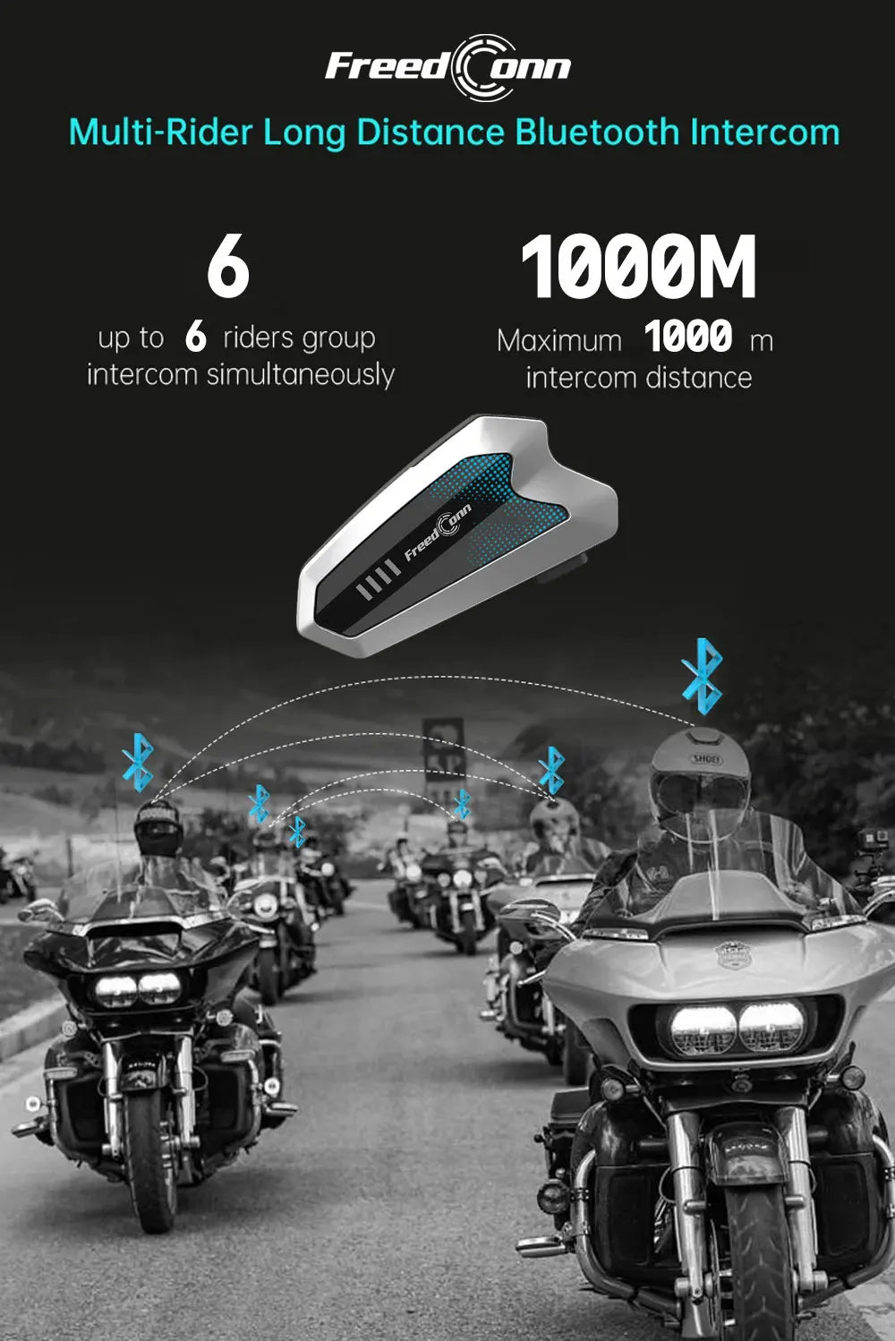 FREEDCONN HERO Motorcycle Bluetooth Intercom – 6-Rider 1500m