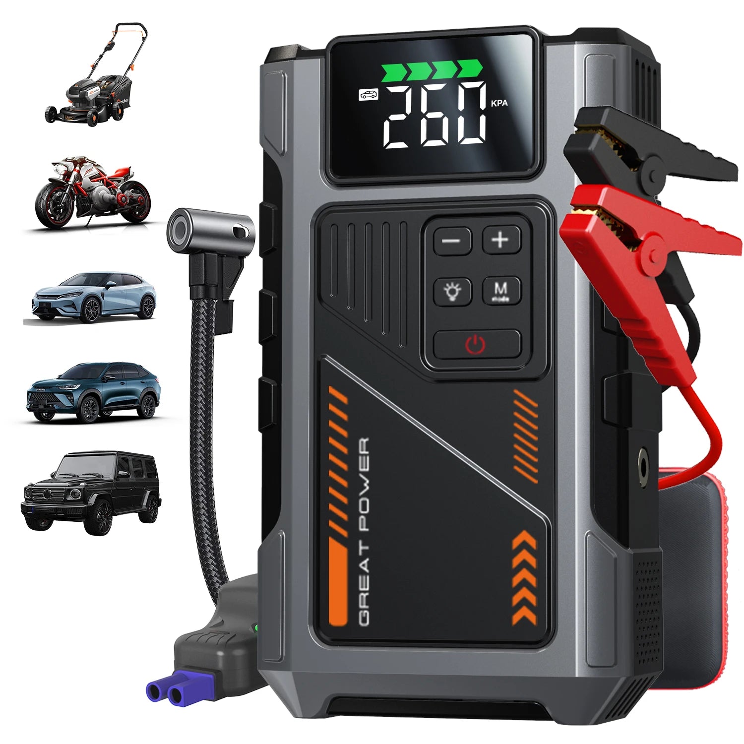 Motorcycle Jump Starter with Air Compressor 3000A Peak 150PSI Tyre Inflator Portable Battery Booster Pack with LED Light 12V