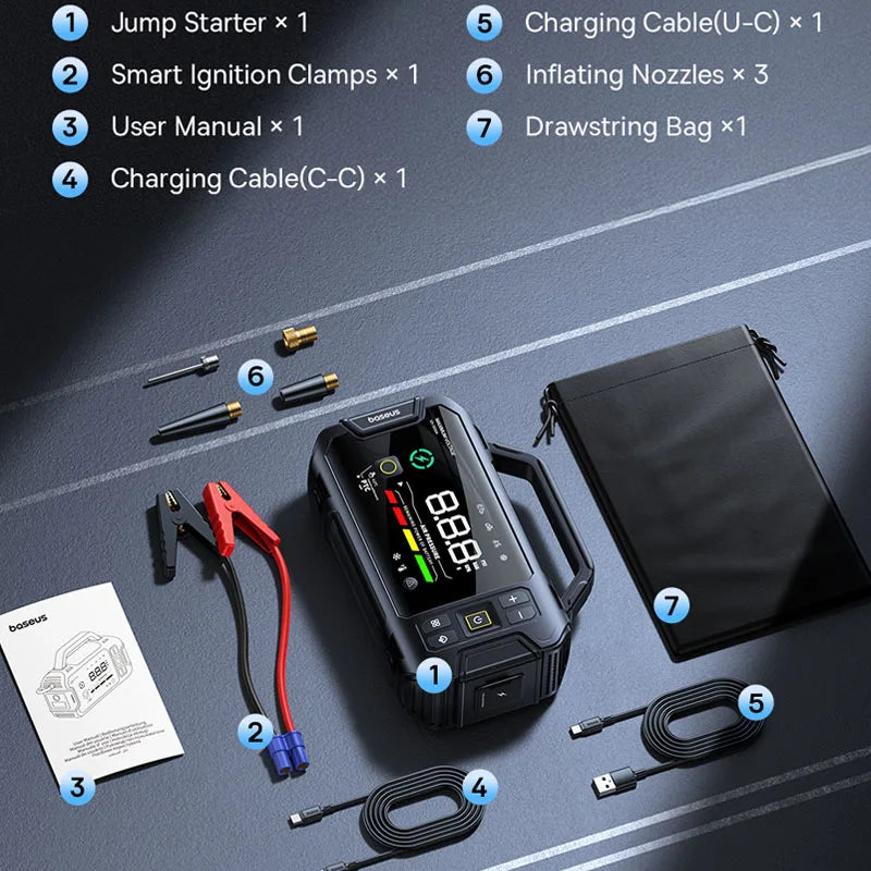 Baseus PrimeTrip VJ1 Motorcycle Jump Starter 3000A 4-in-1 with 150PSI Air Compressor 21600mAh Power Bank Patented PTC Heating LED Light