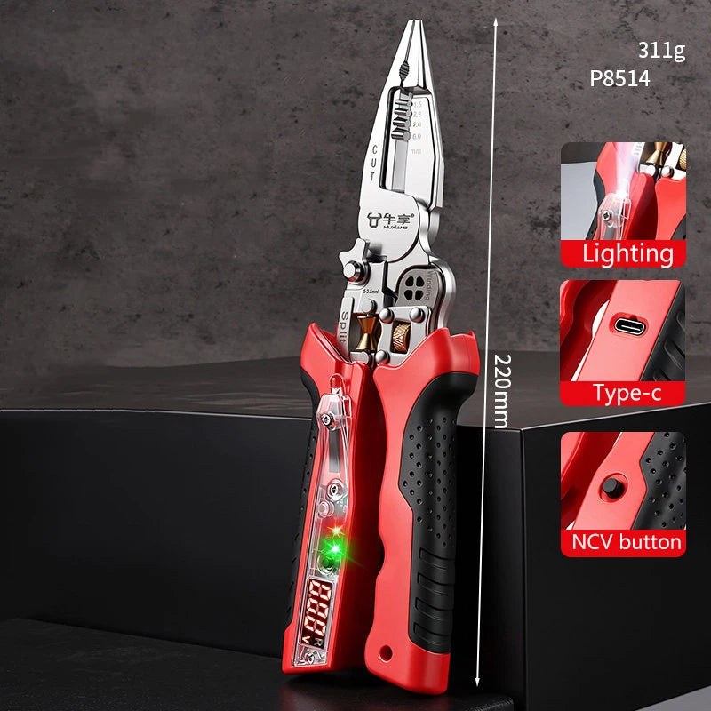 NIUXIANG 10-in-1 Rechargeable Wire Stripper Pliers – Built-In Voltage Tester – Wire Strip + Cut + Crimp – Motorcycle Electrical Repair – $31