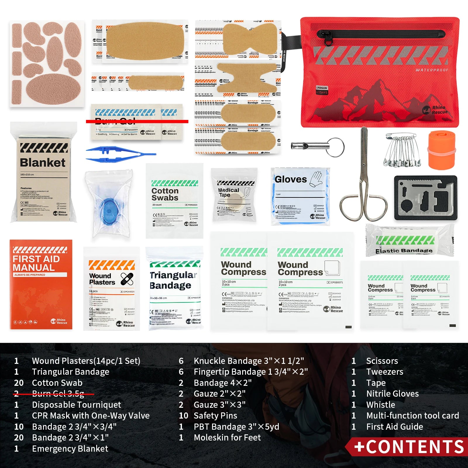 RHINO RESCUE Small First Aid Kit Ultralight Waterproof Medical Kit 107 Pieces for Hiking Backpacking Cycling Travel Vehicles