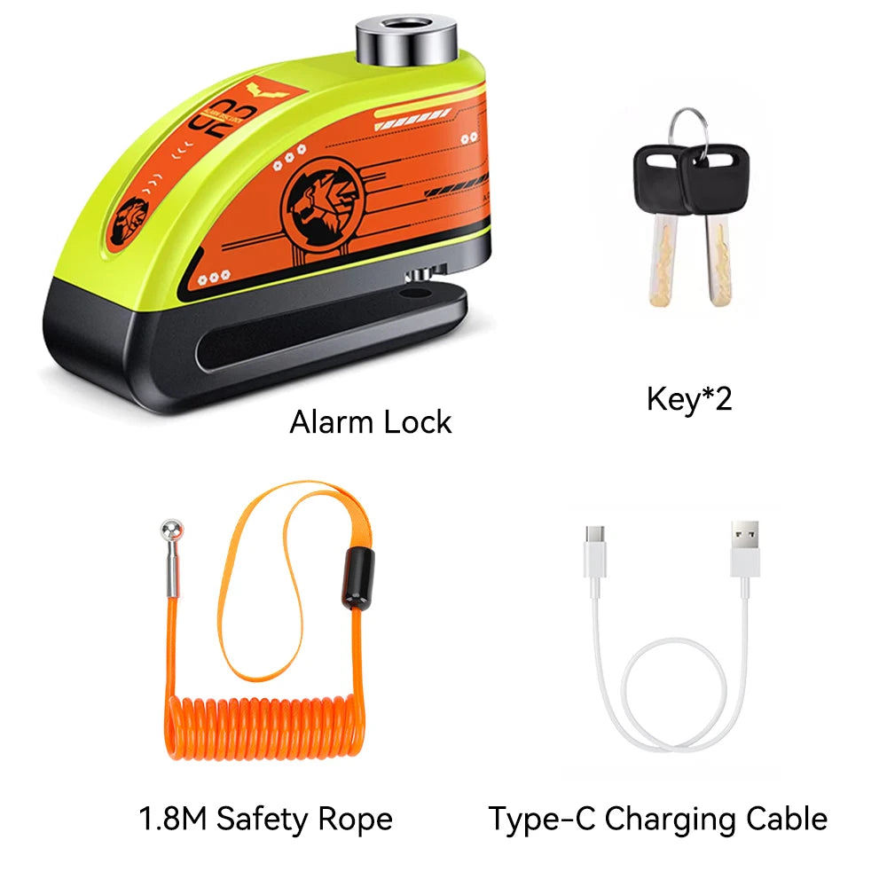 Elecpow Rechargeable Motorcycle Bicycle Scooter Alarm Disc Brake Lock Waterproof Anti-Theft Reminder Cable – 120dB USB-C IP67 7mm 285g CE FCC RoHS – With or Without Rope