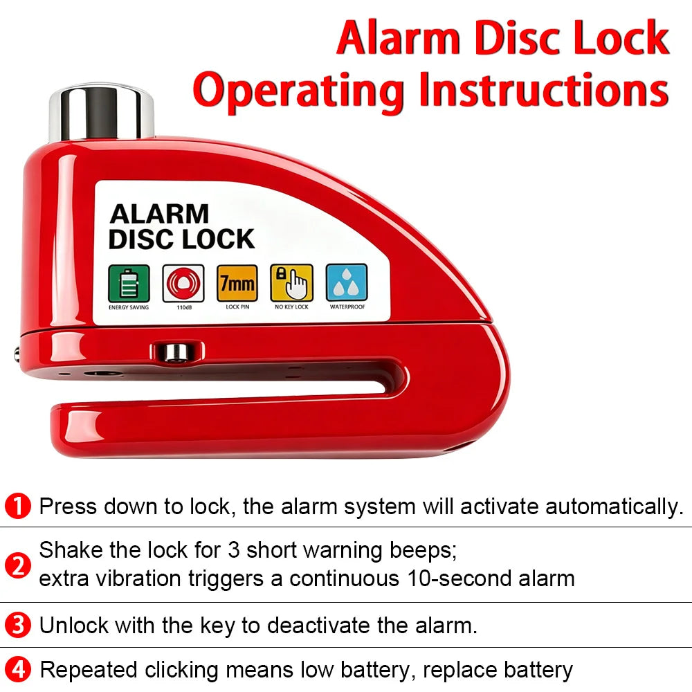 Motorcycle Bicycle Alarm Disc Lock Aluminum Alloy Anti-Theft Safety Padlock Vibration Reminder Security Protection Accessories – 110dB 7mm Hardened Steel 2 Keys Allen Wrench 7 Colors