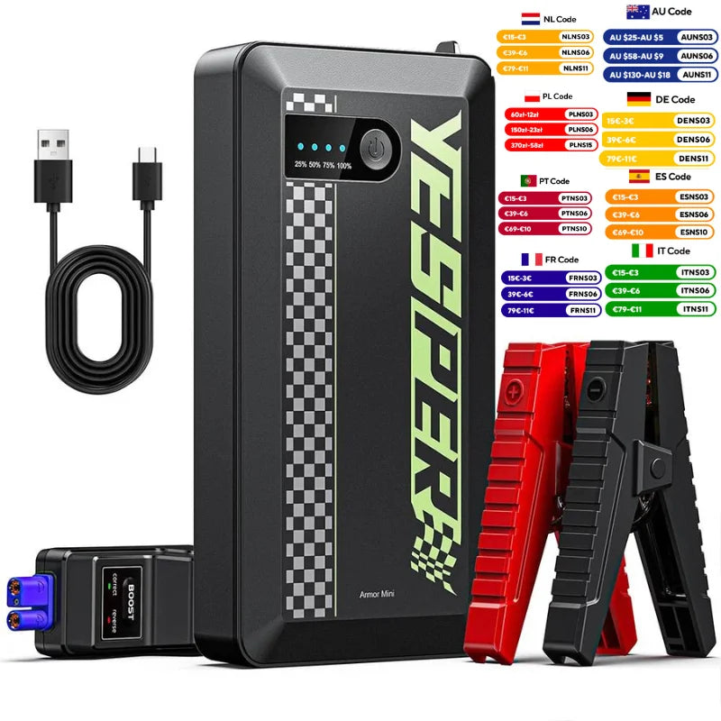 YESPER 1500A Portable Jump Starter – Pocket-Sized 12V Booster Pack with Power Bank & LED Light for Car, Motorcycle & SUV (7L Gas / 5.5L Diesel)