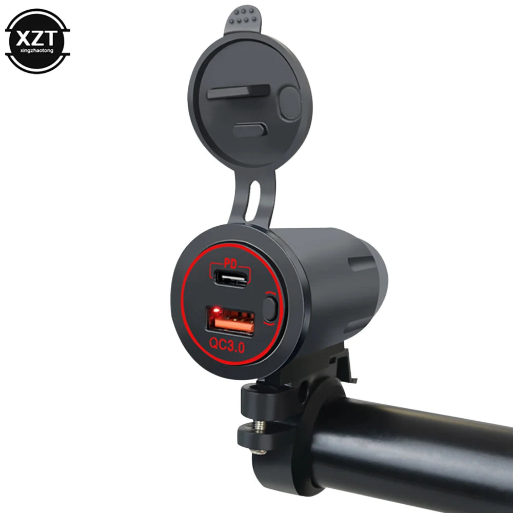12–24V Motorcycle Dual USB Fast Charger – PD + QC3.0 Handlebar Charging Socket with Switch