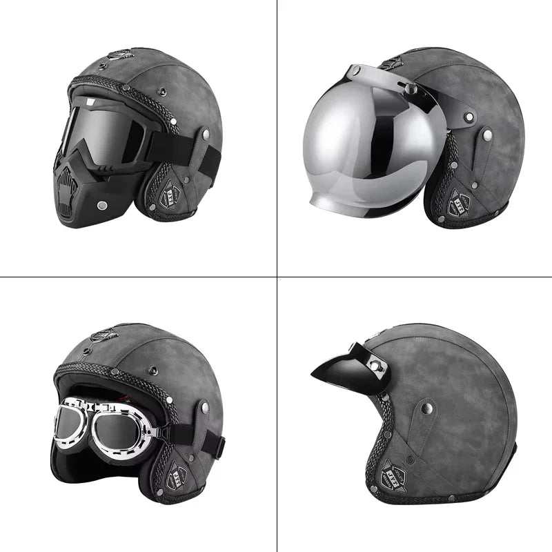 Open Face Helmets – Retro PU Leather Motorcycle Helmet, Vintage Cafe Racer Style, DOT & ECE Certified
