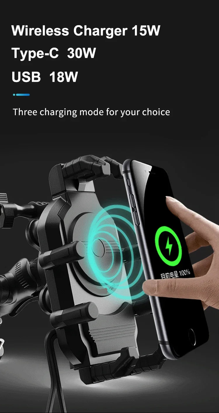 Shockproof Motorcycle Phone Holder 15W Wireless Charger & 18W USB 30W Type C Fast Charging Motorbike Bicycle Bike Scooter Stand
