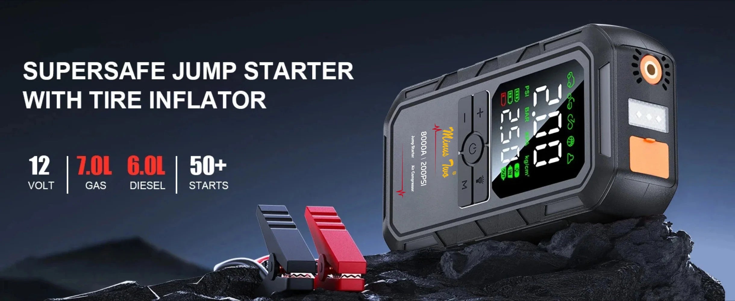 8000A Peak Car Jump Starter with 200PSI Air Compressors – Portable Emergency Battery Booster & Power Bank