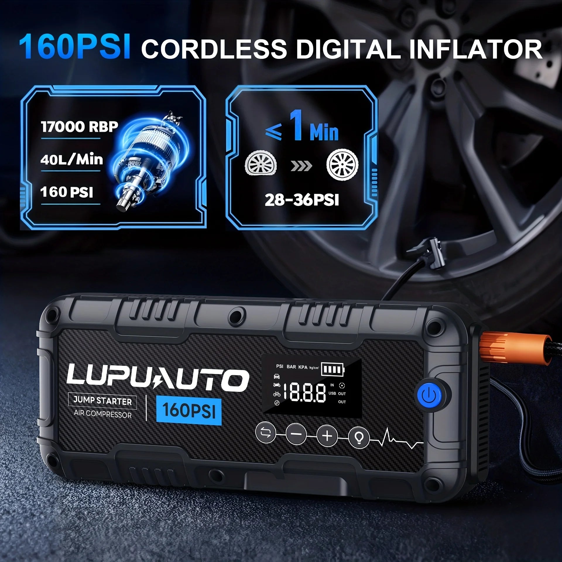 Motorcycle Jump Starter 7000A with Air Compressor 160PSI Tyre Inflator Portable Power Bank LED Flashlight Smart Cable 12V