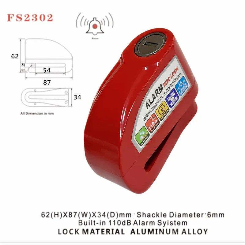 Falante Motorcycle Alarm Lock Safety Anti-Theft Disc Brake Aluminum Alloy Motorbike Bicycle Accessories – Model 8302 – 21x14x4cm – 18 Color Styles