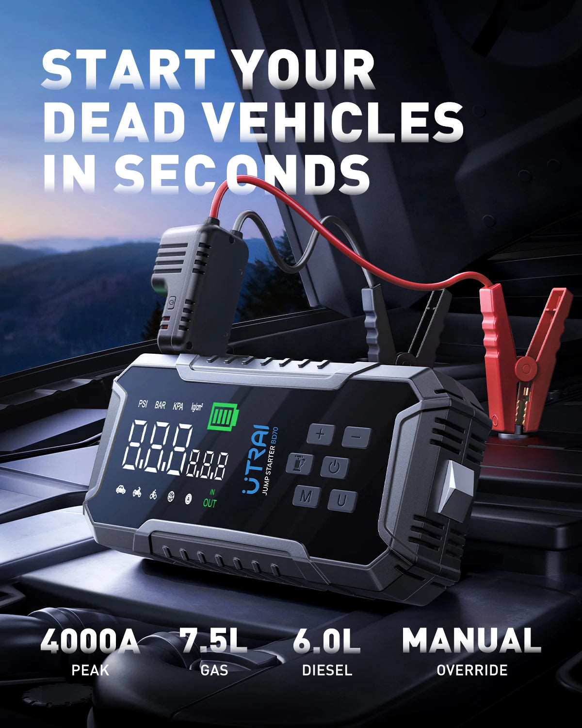 UTRAI BD70 Motorcycle Jump Starter 4000A with 160PSI Air Compressor 16000mAh Portable Power Bank Emergency Battery Booster Starting Device