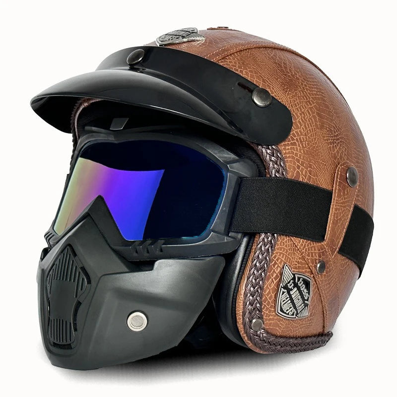Open Face Helmets – Retro PU Leather Motorcycle Helmet, Vintage Cafe Racer Style, DOT & ECE Certified