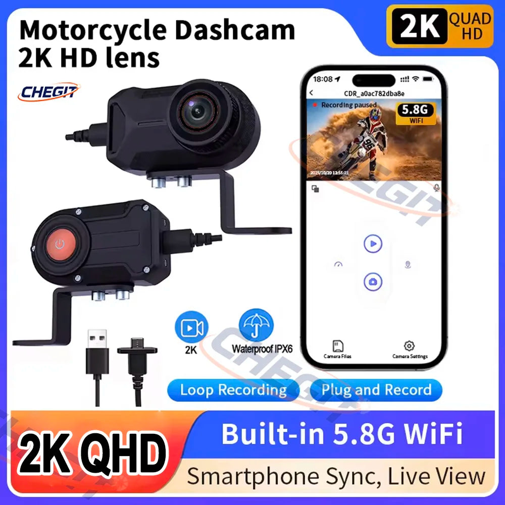 WDSZKMYF 2K HD IP66 Waterproof Mini Motorcycle Dash Cam 170° WiFi Night Vision Loop Recording USB Motorcycle Camera DVR for Motorcycle E-Bike Bicycle Mountain Bike