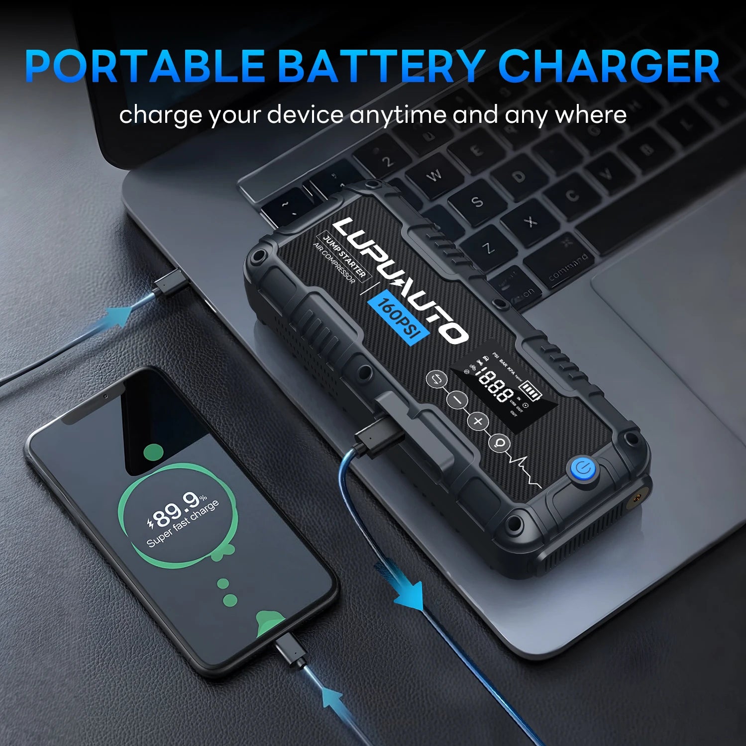 Motorcycle Jump Starter 7000A with Air Compressor 160PSI Tyre Inflator Portable Power Bank LED Flashlight Smart Cable 12V